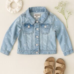 OshKosh B’gosh Toddler Girls Light Wash Denim Jacket 2T Heart Print Jean Jacket